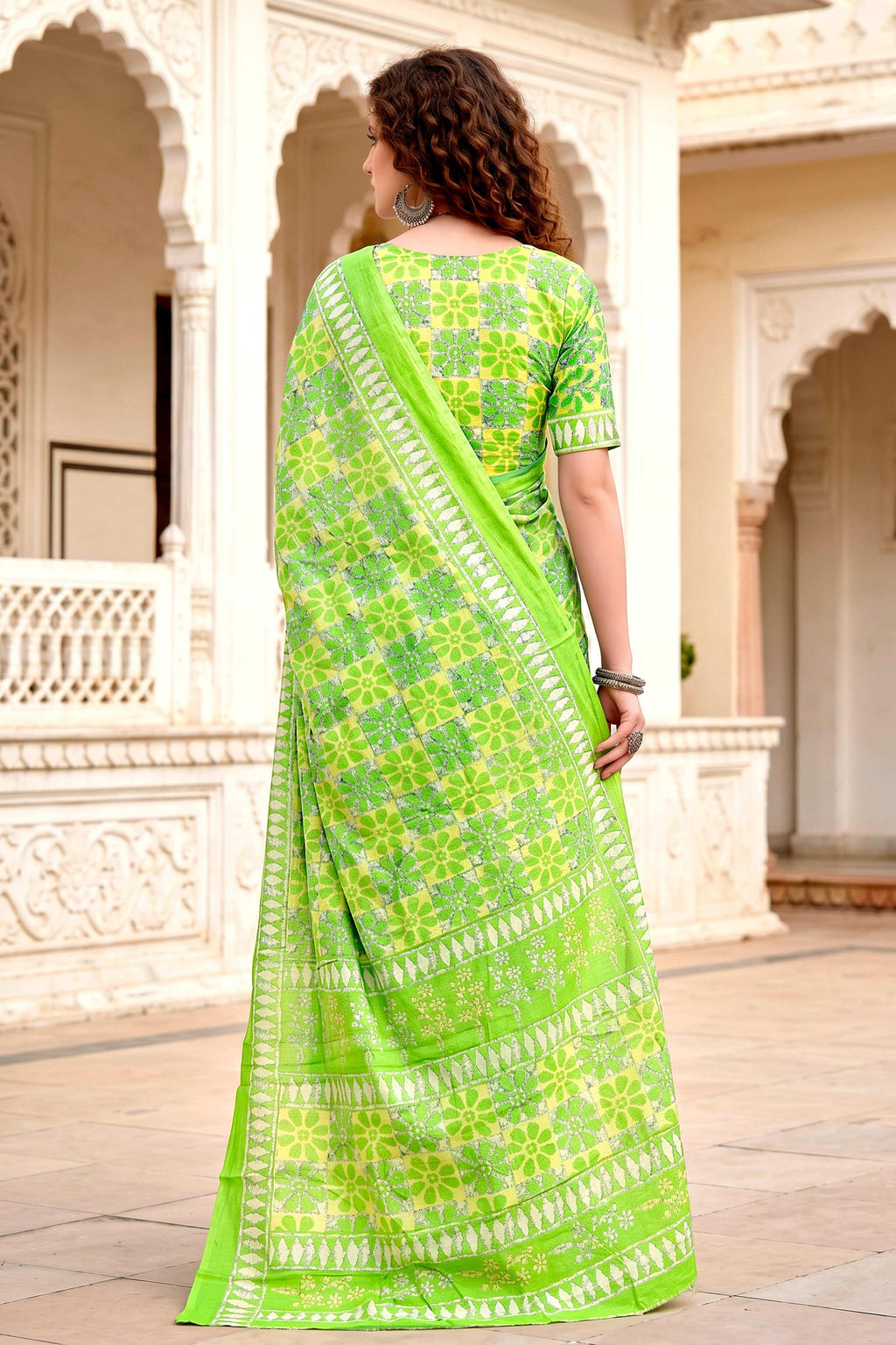 Sangam Prints Parrot Green Cotton Blend Woven Work Traditional Saree | Grocsy