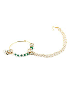 Gold-Polished White Green Kundan-Studded Pearl Beaded Nosepin - Ruby Raang | Grocsy