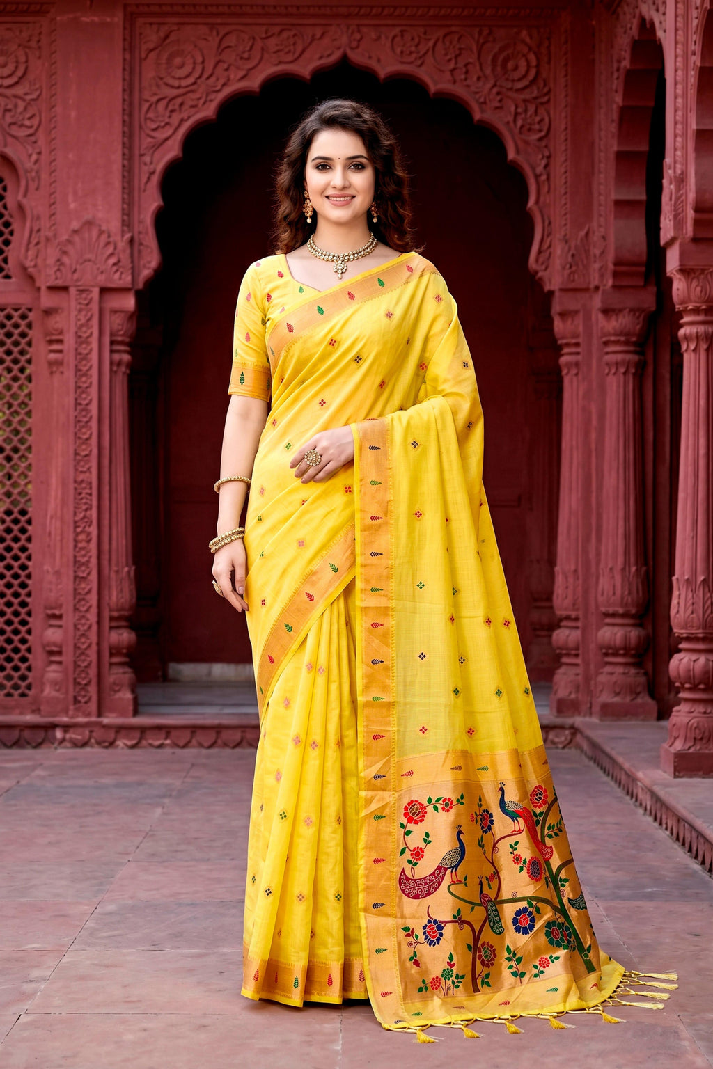 Sangam Prints Yellow Cotton Blend Woven Work Traditional Saree | Grocsy
