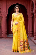 Sangam Prints Yellow Cotton Blend Woven Work Traditional Saree | Grocsy