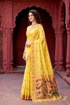 Sangam Prints Yellow Cotton Blend Woven Work Traditional Saree | Grocsy