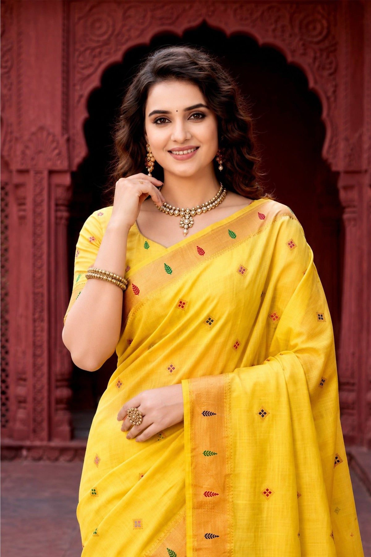 Sangam Prints Yellow Cotton Blend Woven Work Traditional Saree | Grocsy