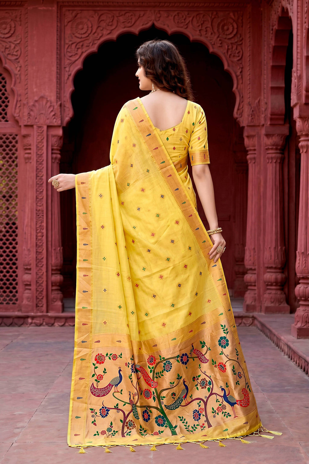 Sangam Prints Yellow Cotton Blend Woven Work Traditional Saree | Grocsy