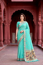 Sangam Prints Aqua Green Cotton Blend Woven Work Traditional Saree | Grocsy