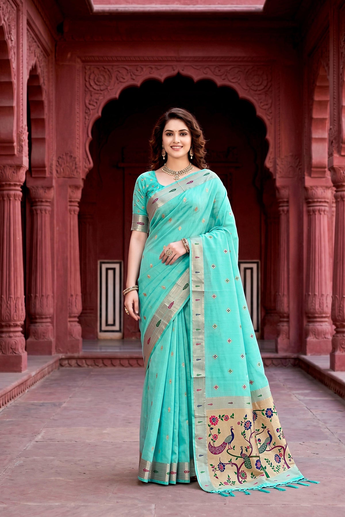 Sangam Prints Aqua Green Cotton Blend Woven Work Traditional Saree | Grocsy