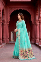 Sangam Prints Aqua Green Cotton Blend Woven Work Traditional Saree | Grocsy