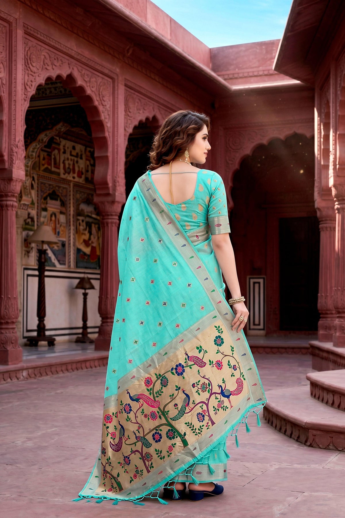 Sangam Prints Aqua Green Cotton Blend Woven Work Traditional Saree | Grocsy