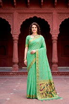 Sangam Prints Mint Green Cotton Blend Woven Work Traditional Saree | Grocsy