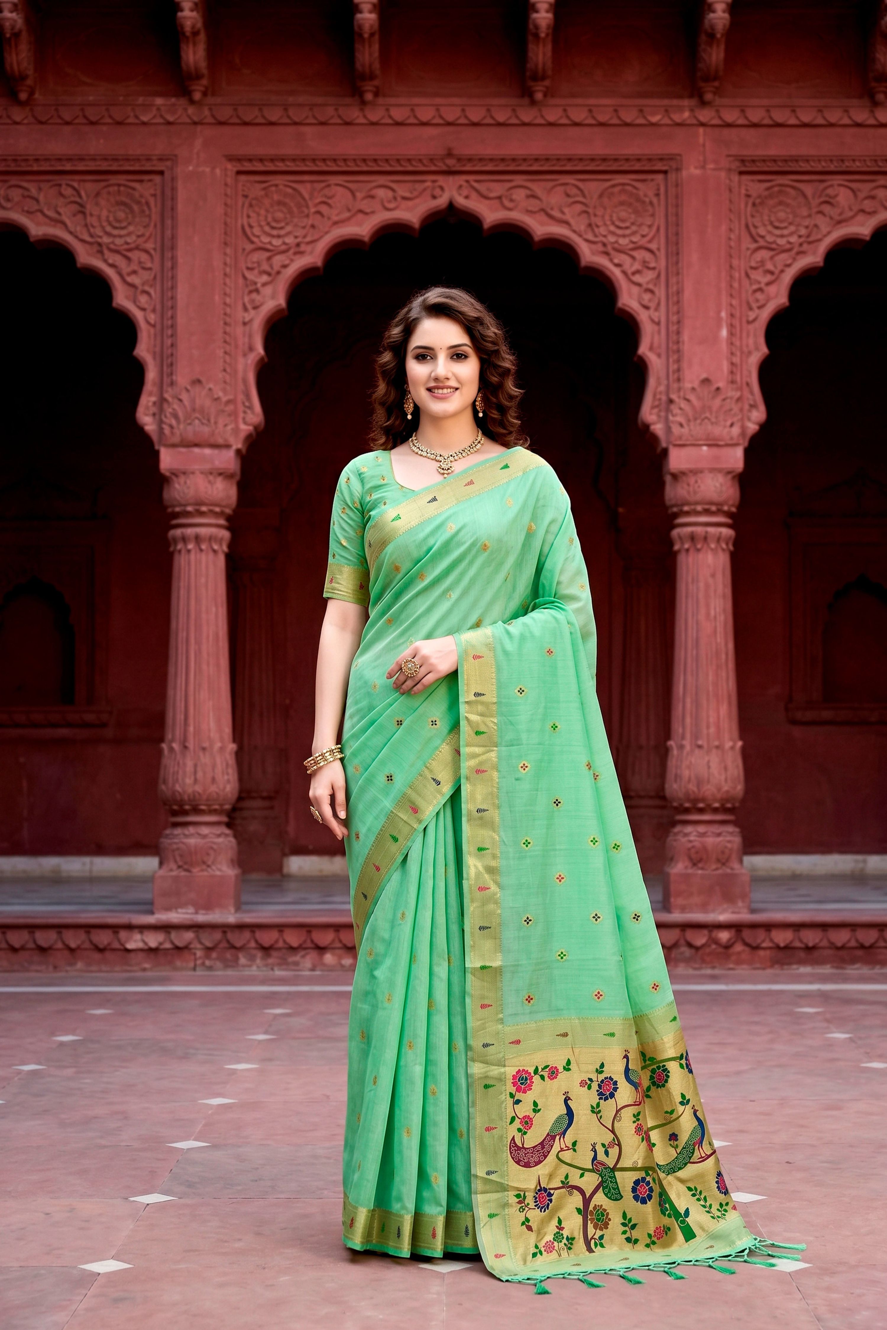 Sangam Prints Mint Green Cotton Blend Woven Work Traditional Saree | Grocsy