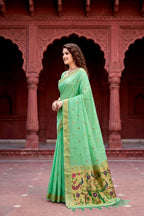 Sangam Prints Mint Green Cotton Blend Woven Work Traditional Saree | Grocsy