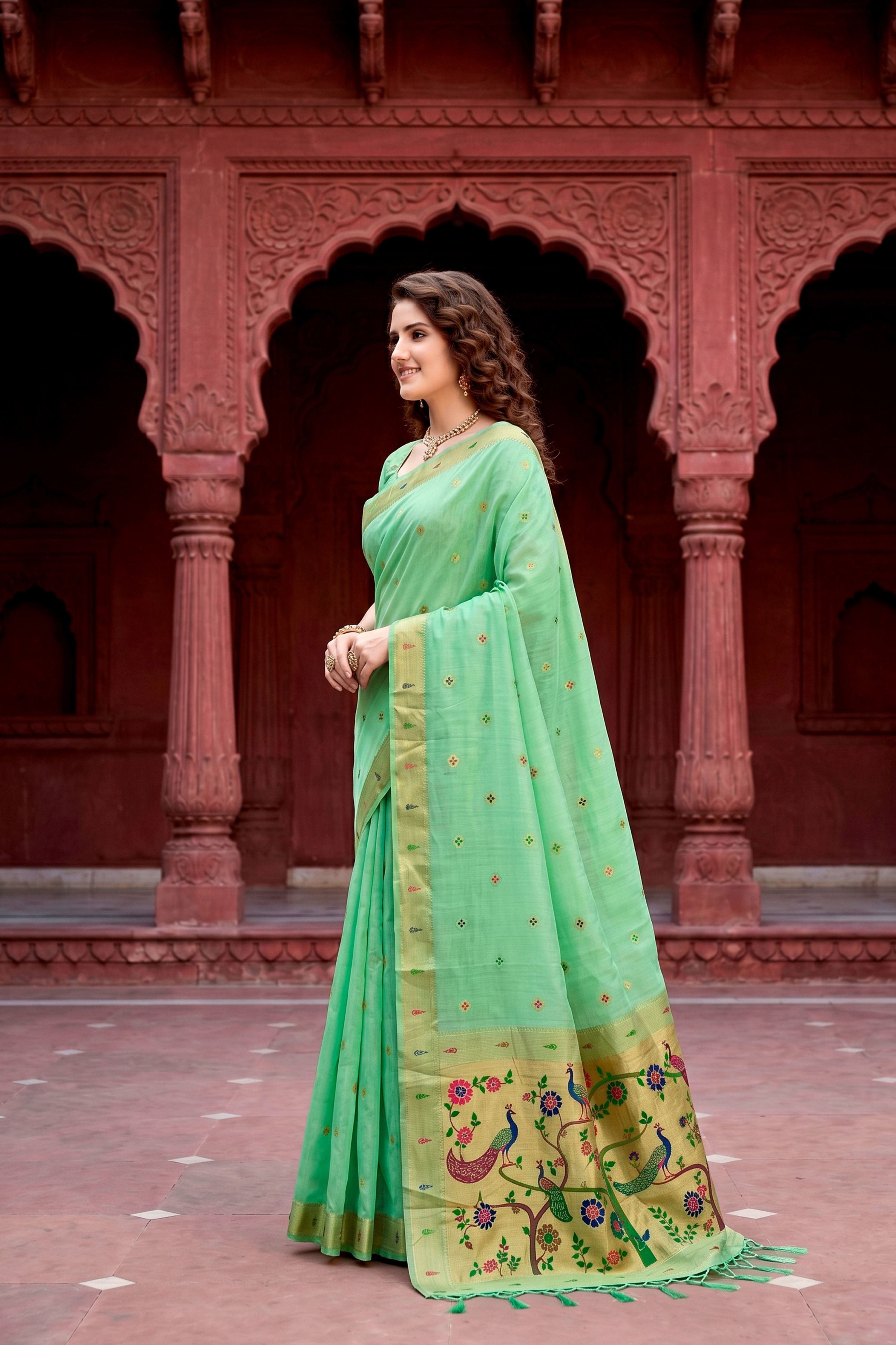 Sangam Prints Mint Green Cotton Blend Woven Work Traditional Saree | Grocsy