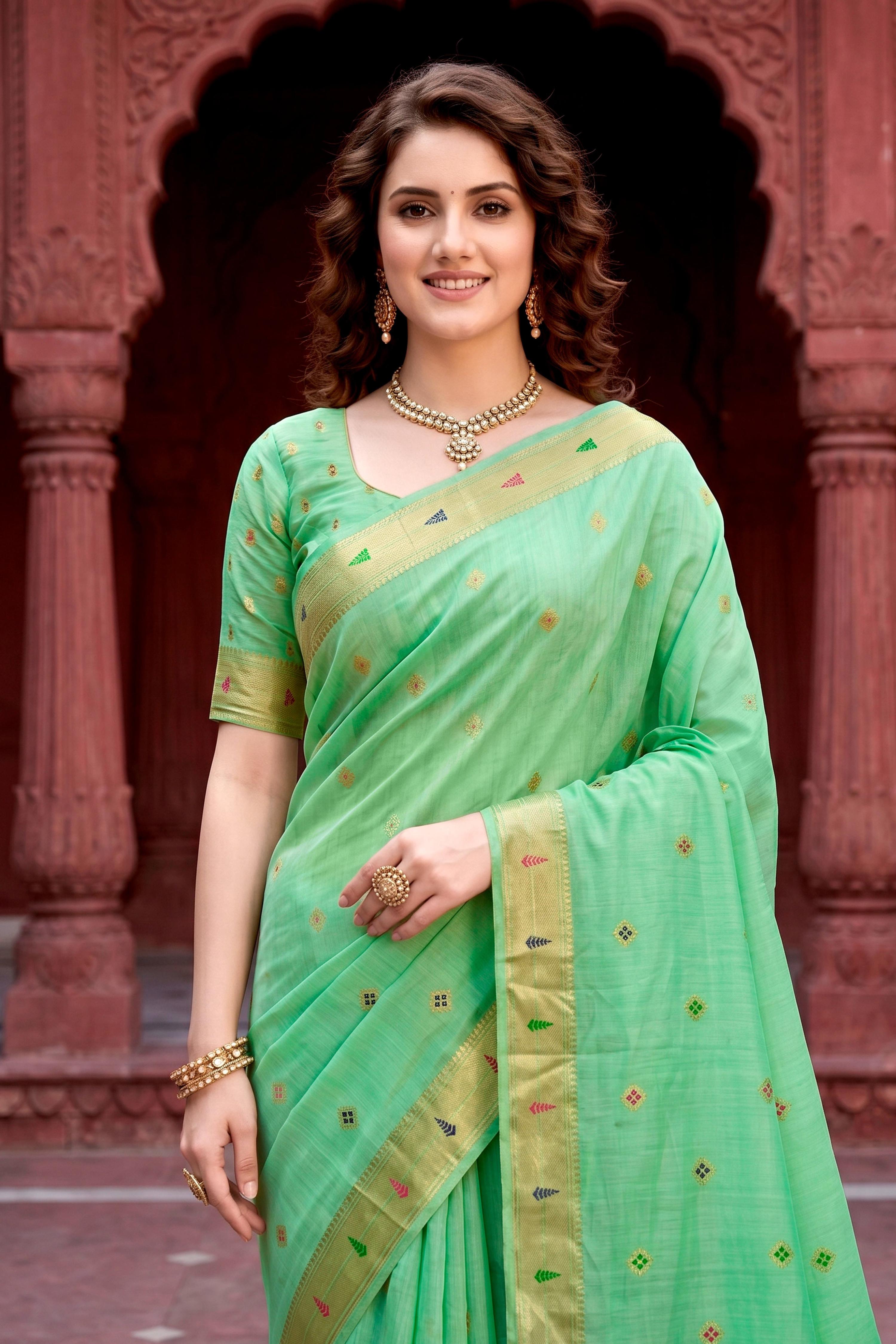 Sangam Prints Mint Green Cotton Blend Woven Work Traditional Saree | Grocsy