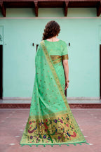 Sangam Prints Mint Green Cotton Blend Woven Work Traditional Saree | Grocsy