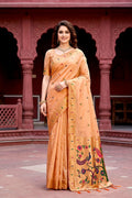 Sangam Prints Peach Cotton Blend Woven Work Traditional Saree | Grocsy