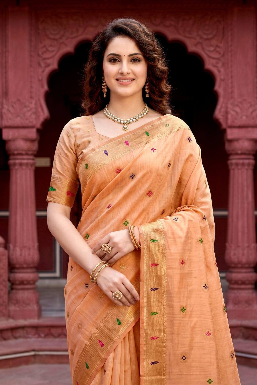 Sangam Prints Peach Cotton Blend Woven Work Traditional Saree | Grocsy