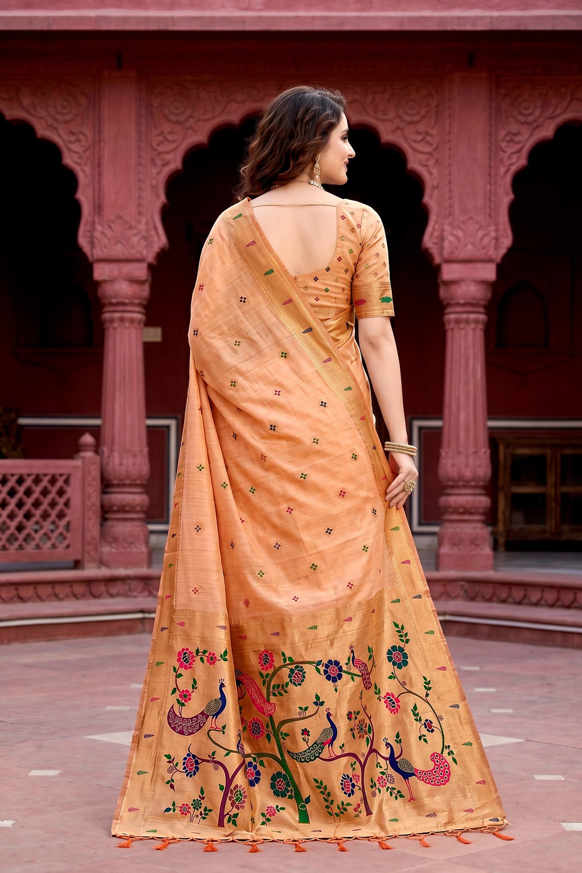 Sangam Prints Peach Cotton Blend Woven Work Traditional Saree | Grocsy