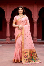 Sangam Prints Baby Pink Cotton Blend Woven Work Traditional Saree | Grocsy