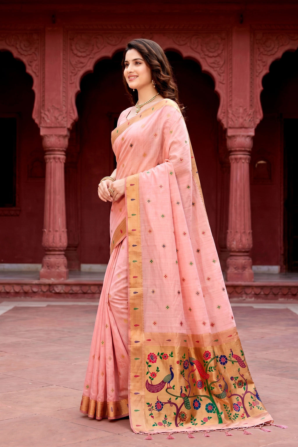 Sangam Prints Baby Pink Cotton Blend Woven Work Traditional Saree | Grocsy