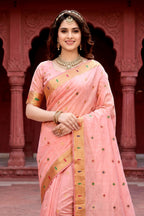Sangam Prints Baby Pink Cotton Blend Woven Work Traditional Saree | Grocsy