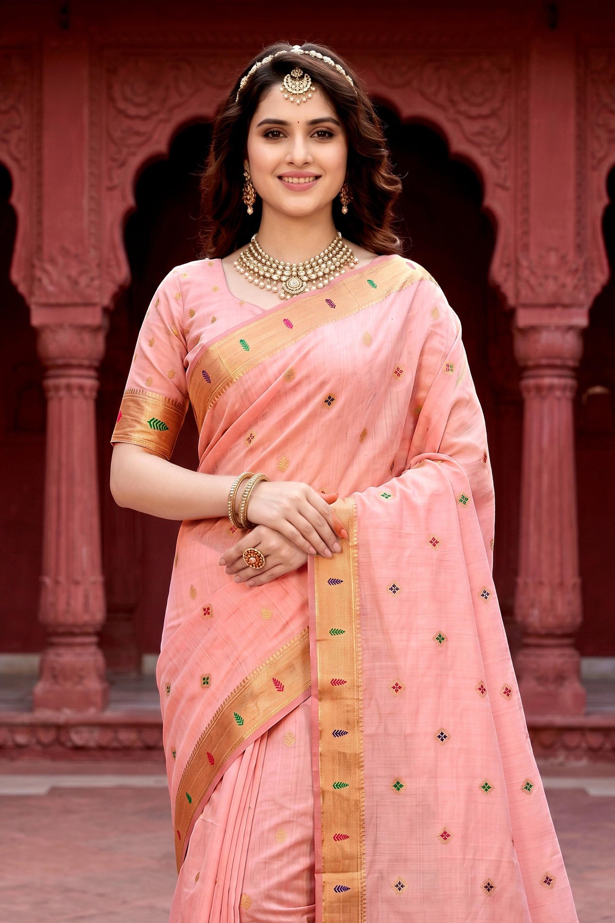 Sangam Prints Baby Pink Cotton Blend Woven Work Traditional Saree | Grocsy