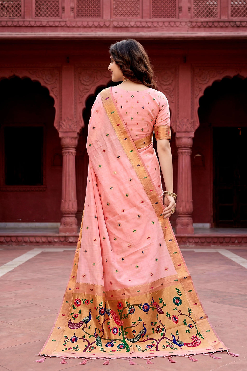 Sangam Prints Baby Pink Cotton Blend Woven Work Traditional Saree | Grocsy