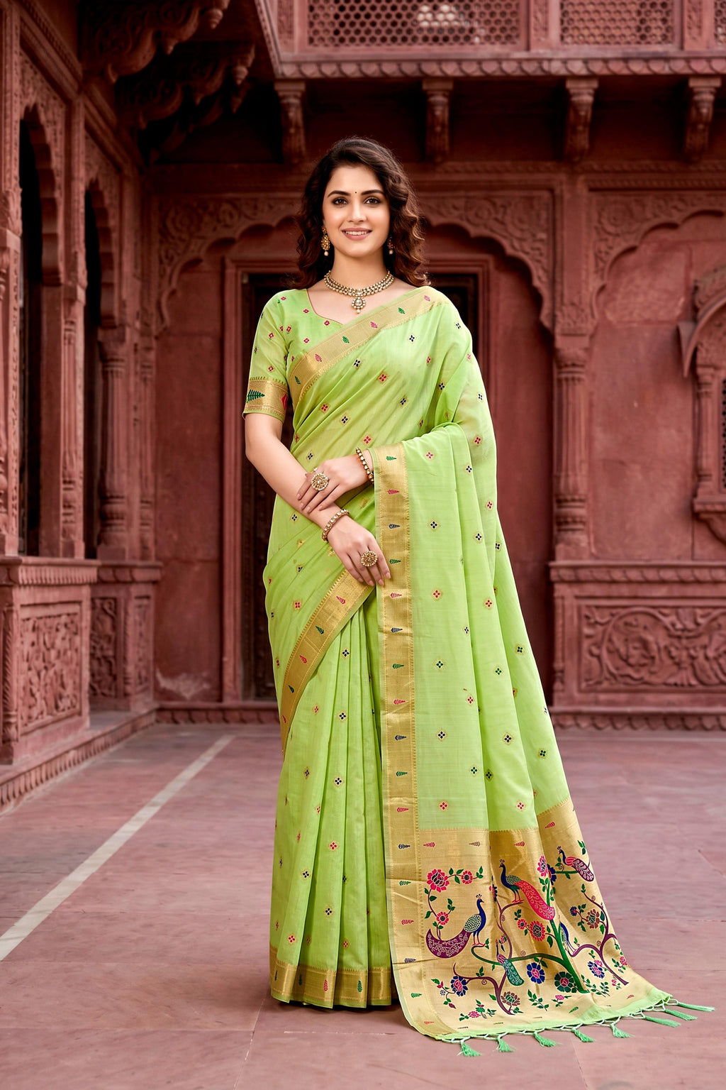 Sangam Prints Parrot Green Cotton Blend Woven Work Traditional Saree | Grocsy