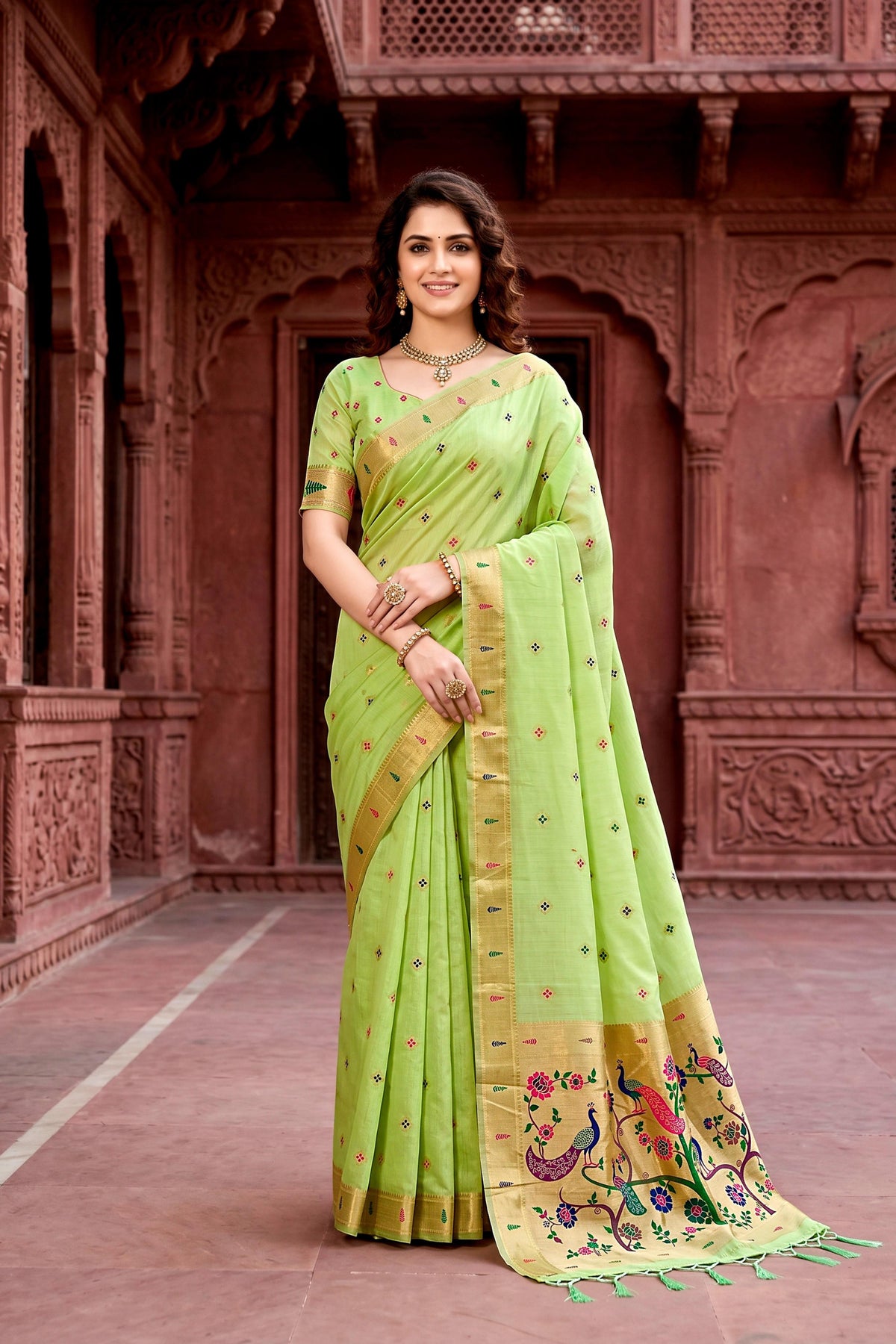 Sangam Prints Parrot Green Cotton Blend Woven Work Traditional Saree | Grocsy