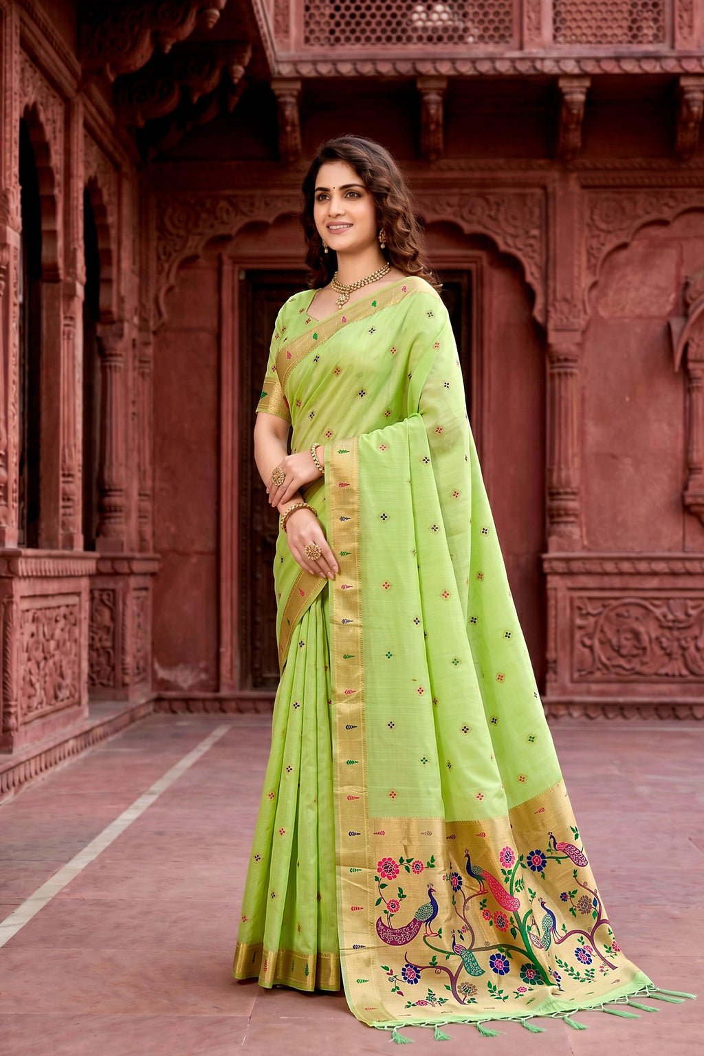 Sangam Prints Parrot Green Cotton Blend Woven Work Traditional Saree | Grocsy