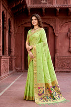 Sangam Prints Parrot Green Cotton Blend Woven Work Traditional Saree | Grocsy