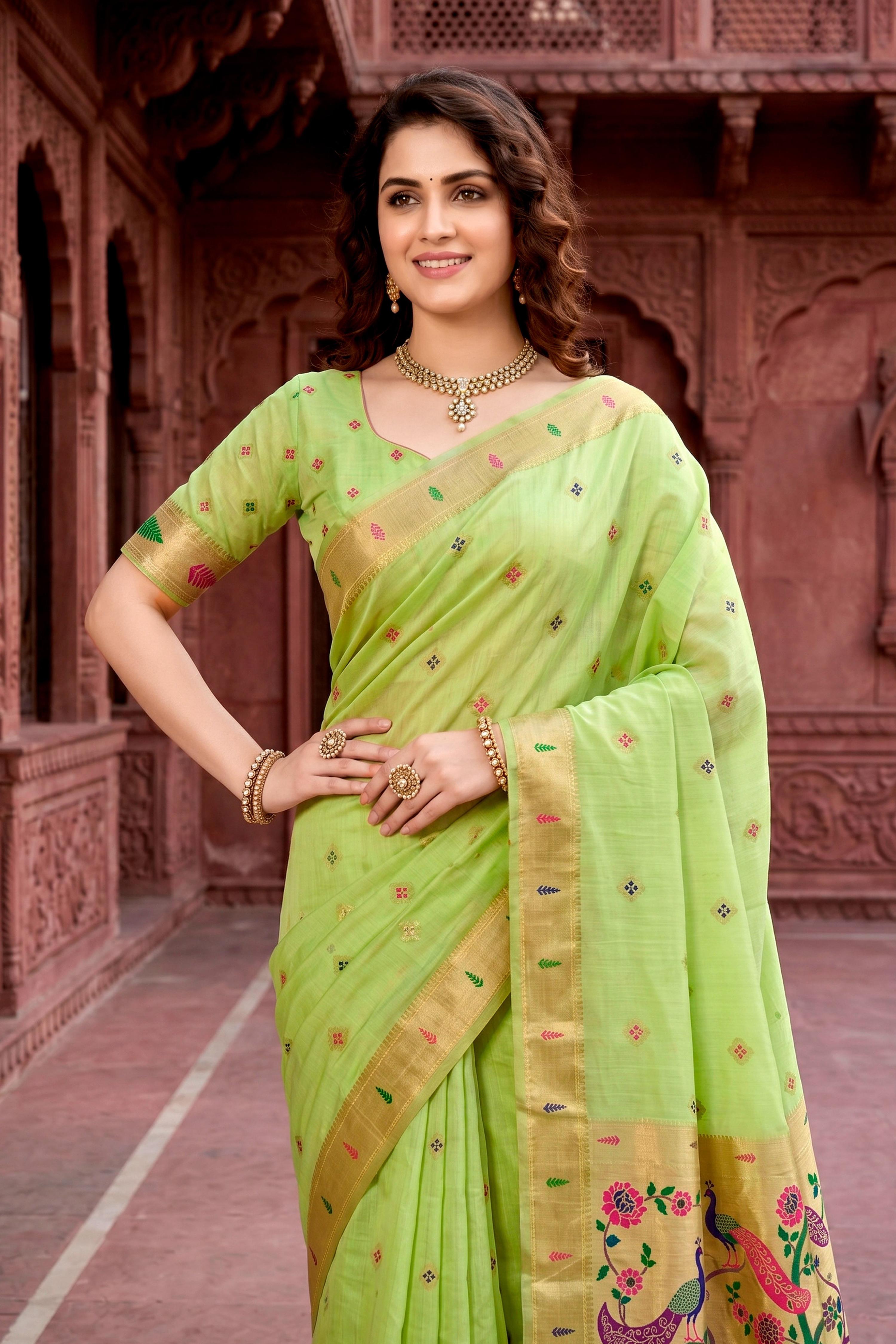 Sangam Prints Parrot Green Cotton Blend Woven Work Traditional Saree | Grocsy