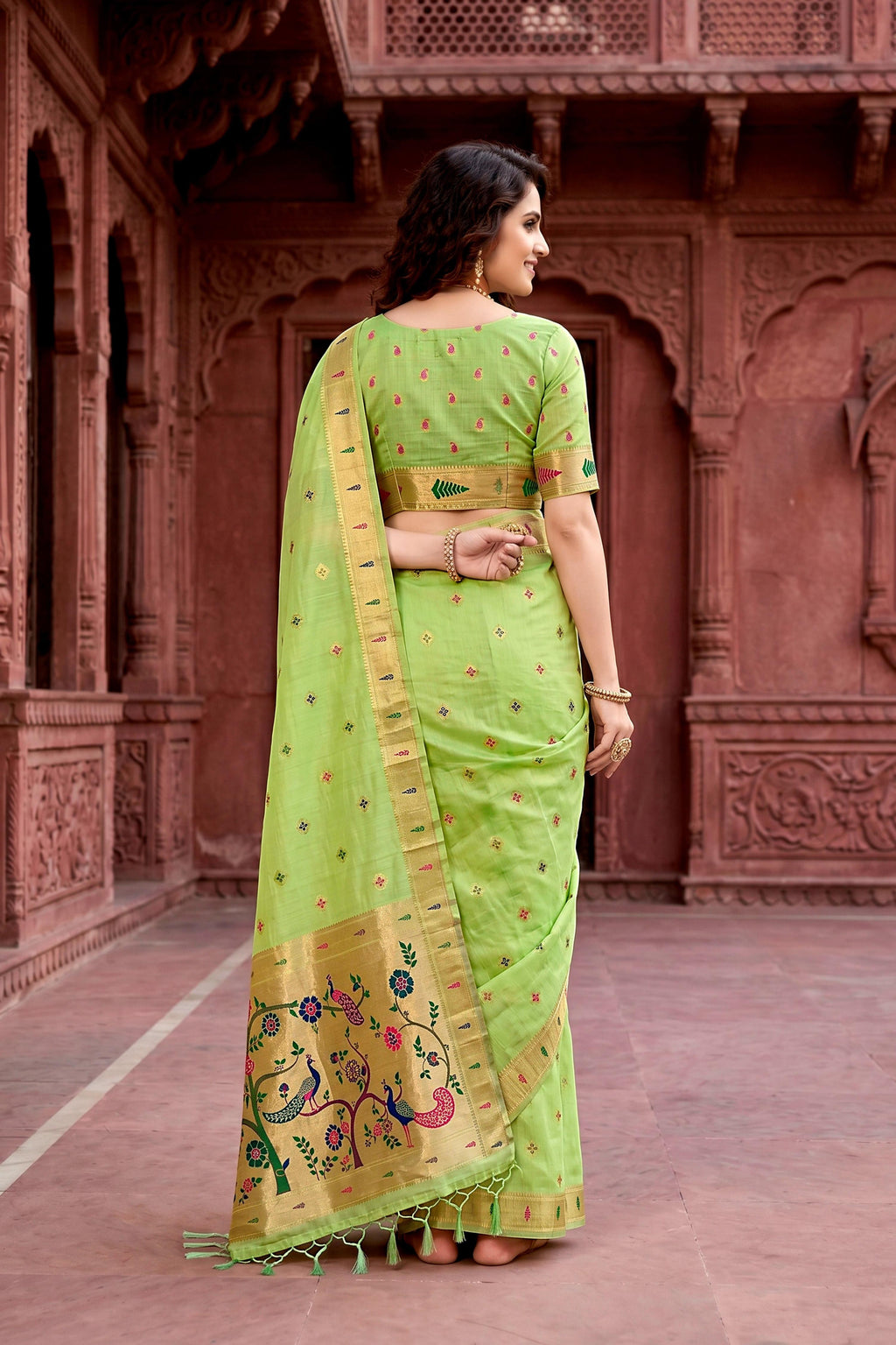 Sangam Prints Parrot Green Cotton Blend Woven Work Traditional Saree | Grocsy
