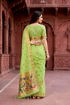 Sangam Prints Parrot Green Cotton Blend Woven Work Traditional Saree | Grocsy