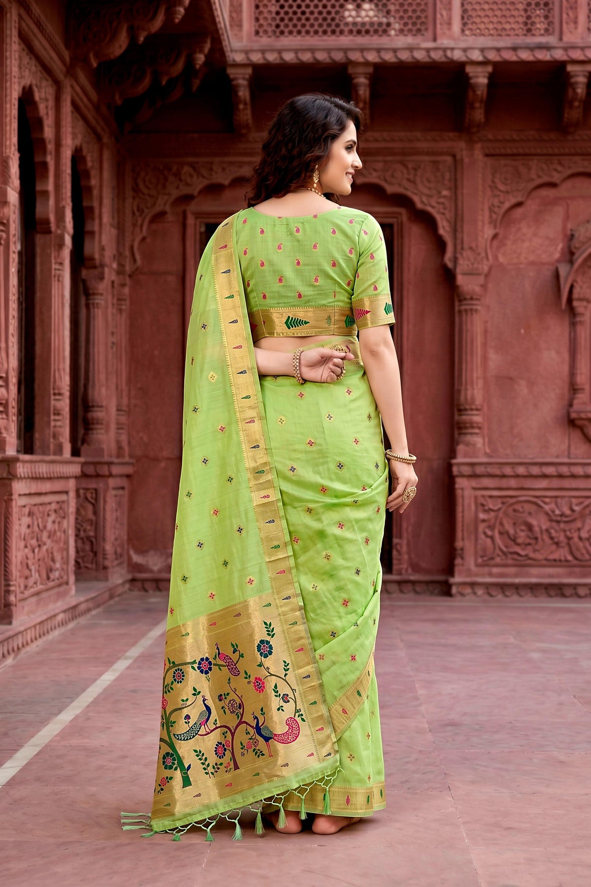 Sangam Prints Parrot Green Cotton Blend Woven Work Traditional Saree | Grocsy