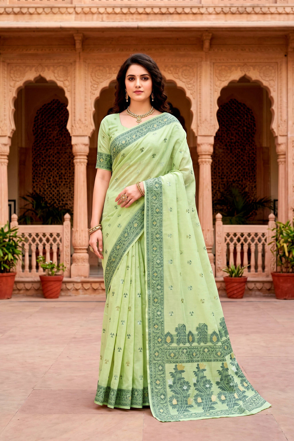 Sangam Prints Green Cotton Blend Woven Work Traditional Saree | Grocsy
