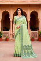 Sangam Prints Green Cotton Blend Woven Work Traditional Saree | Grocsy