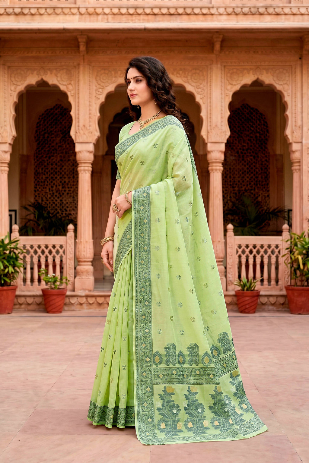 Sangam Prints Green Cotton Blend Woven Work Traditional Saree | Grocsy