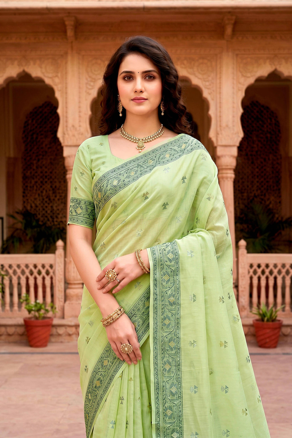Sangam Prints Green Cotton Blend Woven Work Traditional Saree | Grocsy