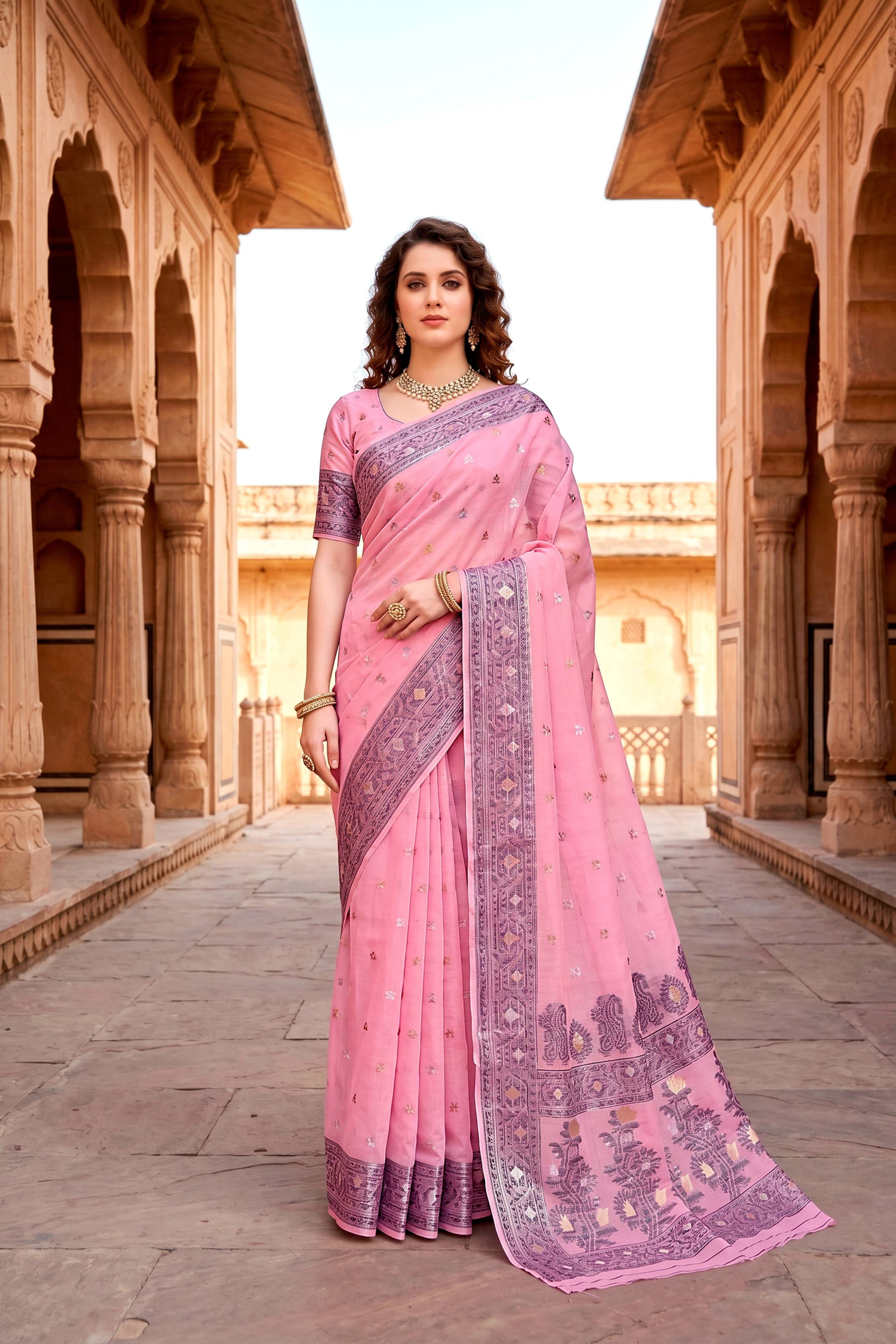 Sangam Prints Pink Cotton Blend Woven Work Traditional Saree | Grocsy