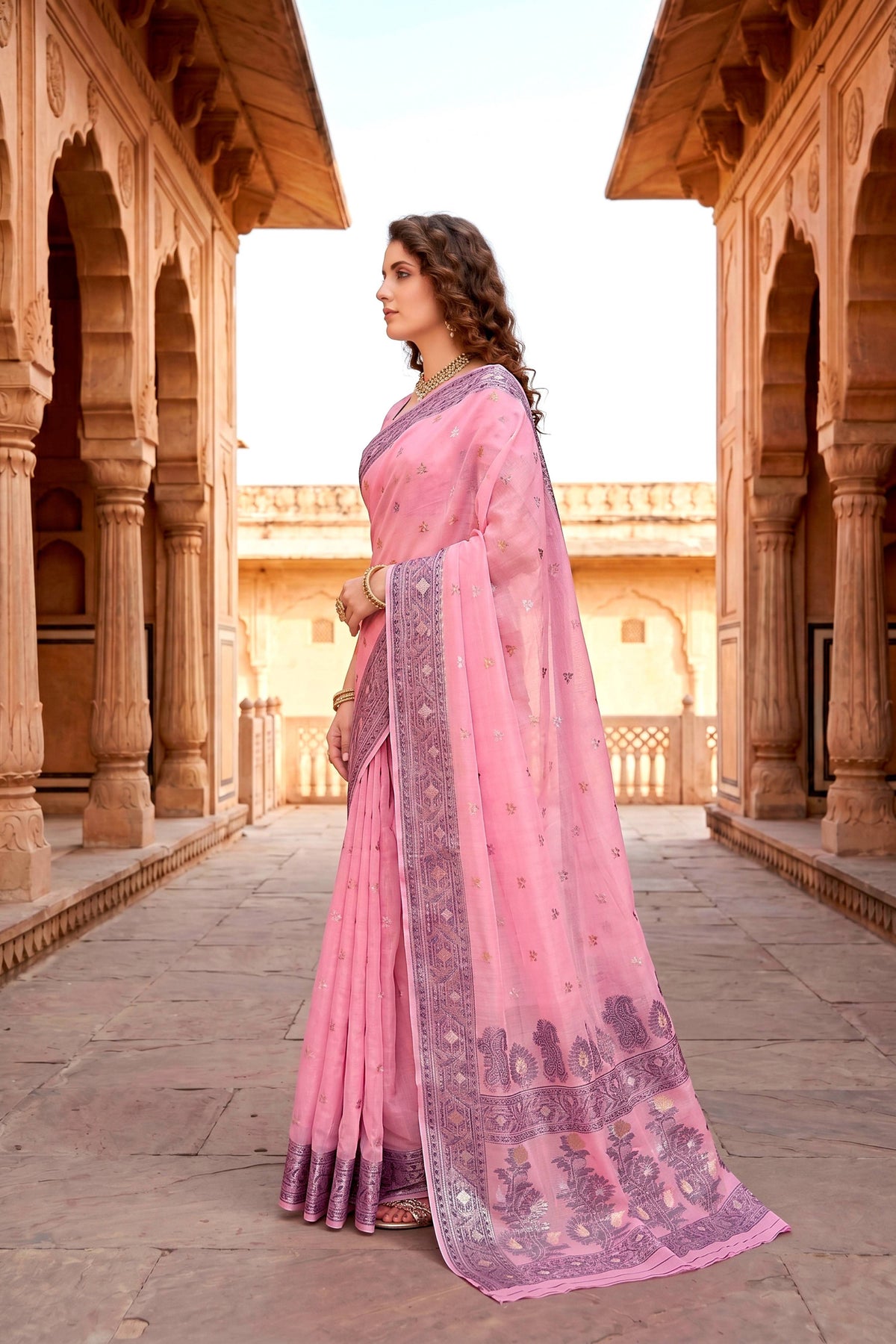 Sangam Prints Pink Cotton Blend Woven Work Traditional Saree | Grocsy