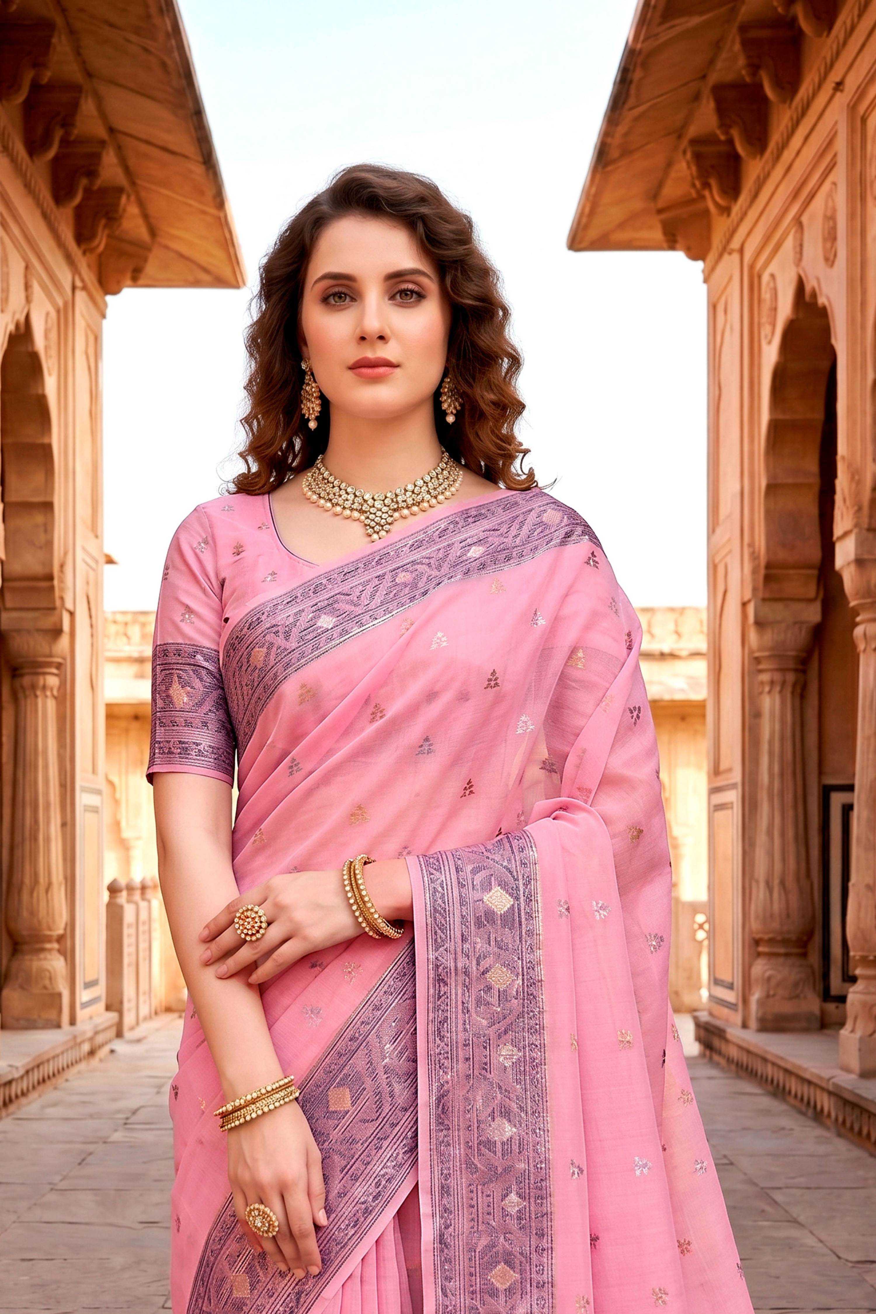 Sangam Prints Pink Cotton Blend Woven Work Traditional Saree | Grocsy