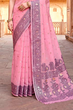 Sangam Prints Pink Cotton Blend Woven Work Traditional Saree | Grocsy