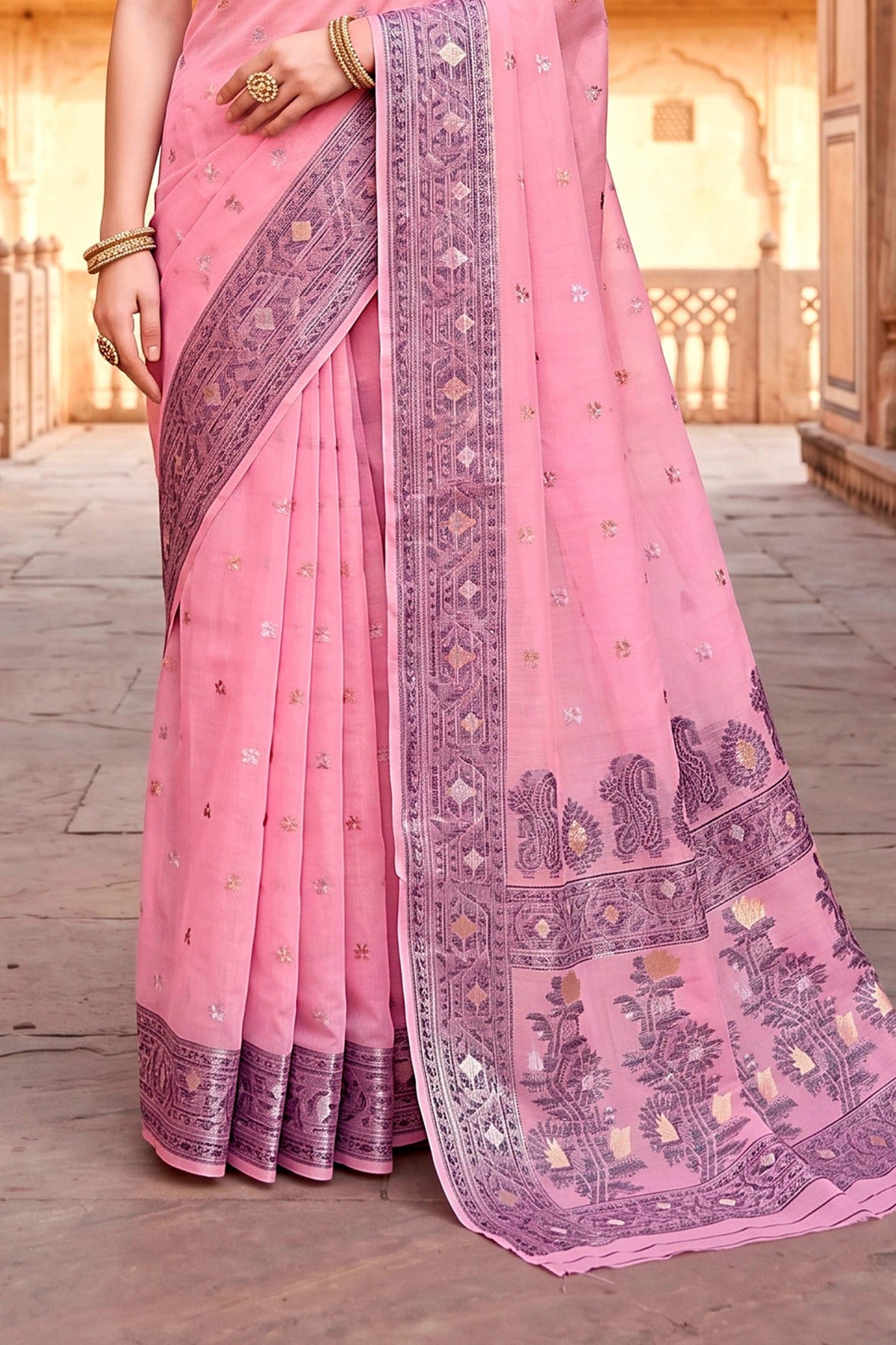 Sangam Prints Pink Cotton Blend Woven Work Traditional Saree | Grocsy