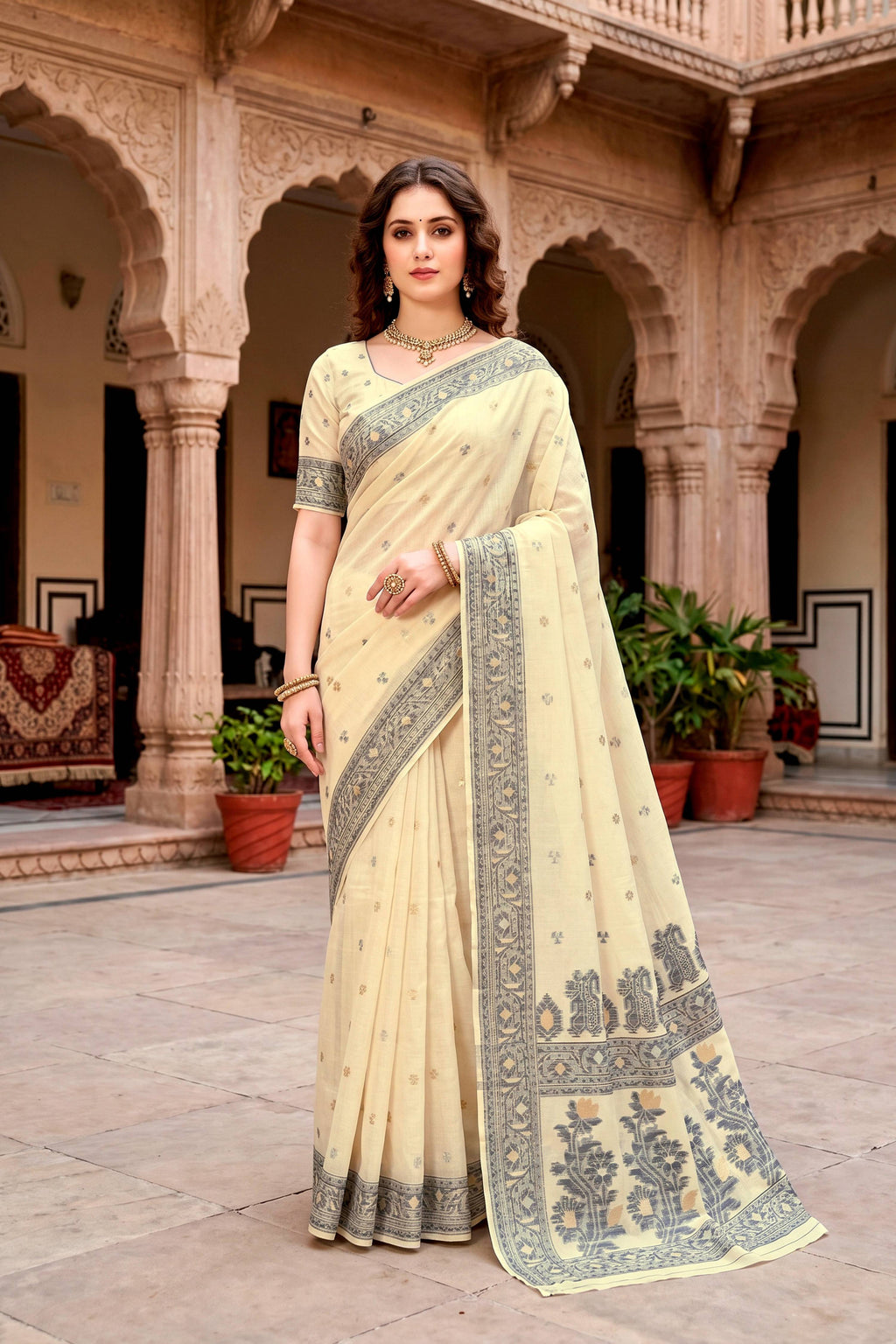 Sangam Prints Light Yellow Cotton Blend Woven Work Traditional Saree | Grocsy