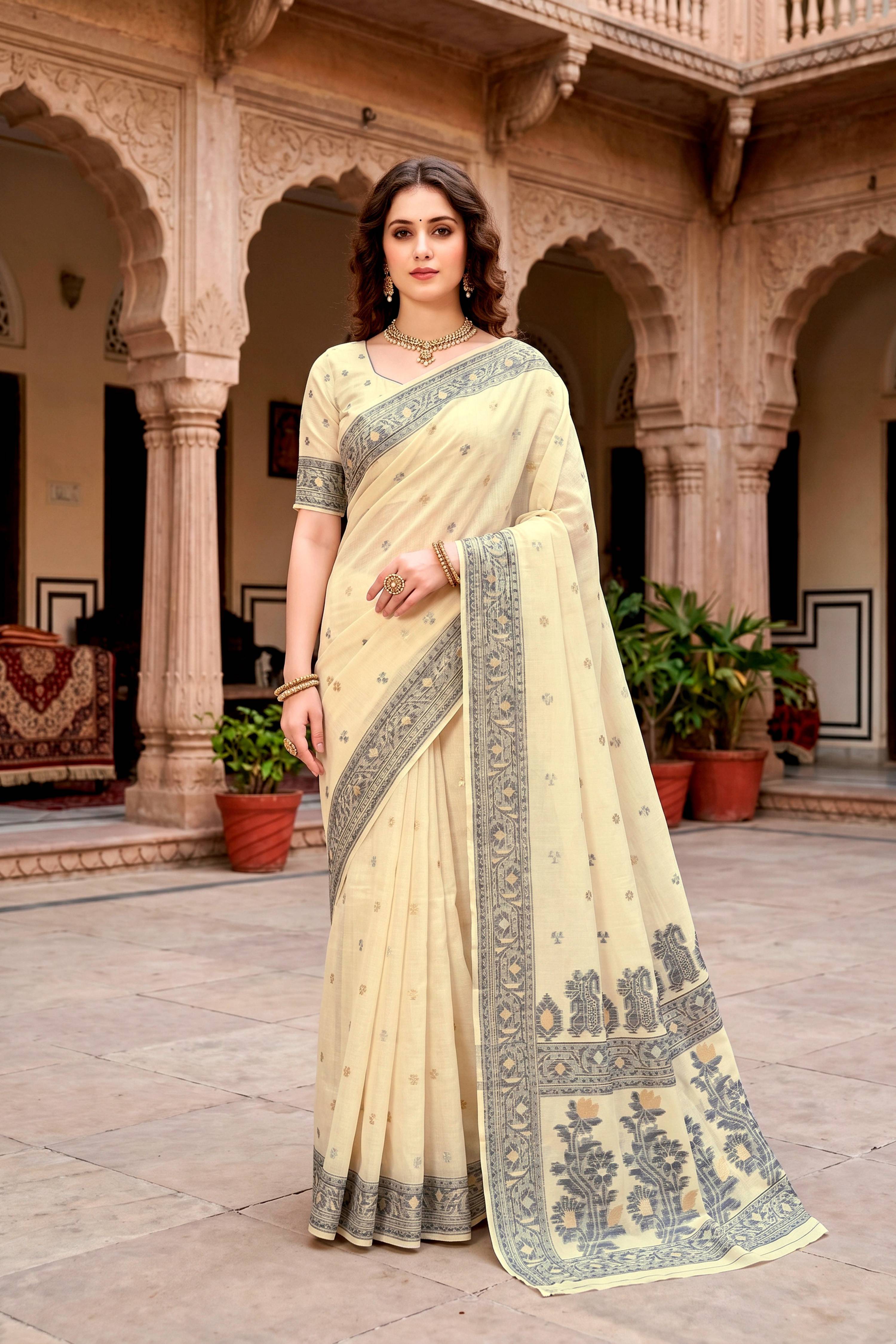 Sangam Prints Light Yellow Cotton Blend Woven Work Traditional Saree | Grocsy