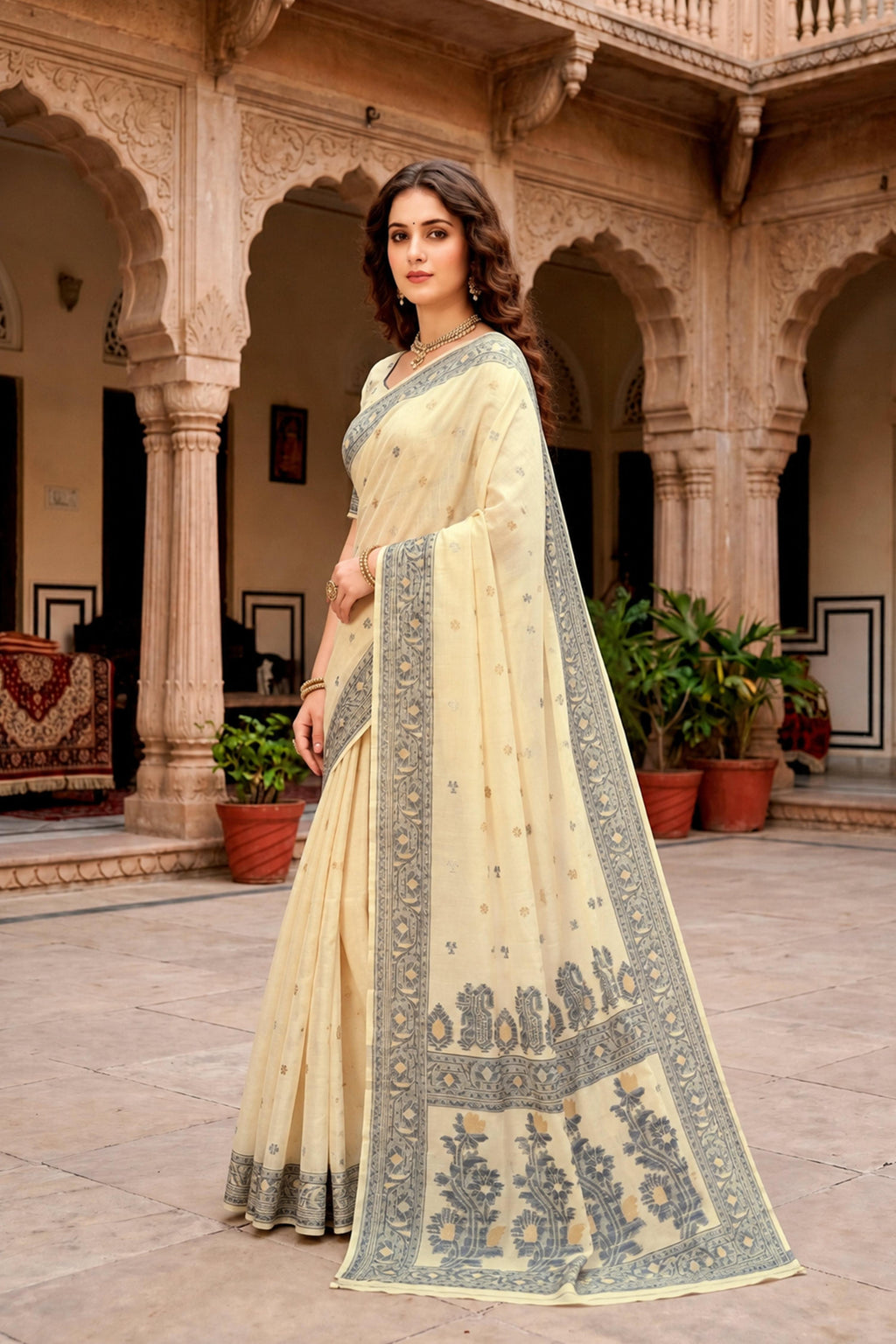 Sangam Prints Light Yellow Cotton Blend Woven Work Traditional Saree | Grocsy