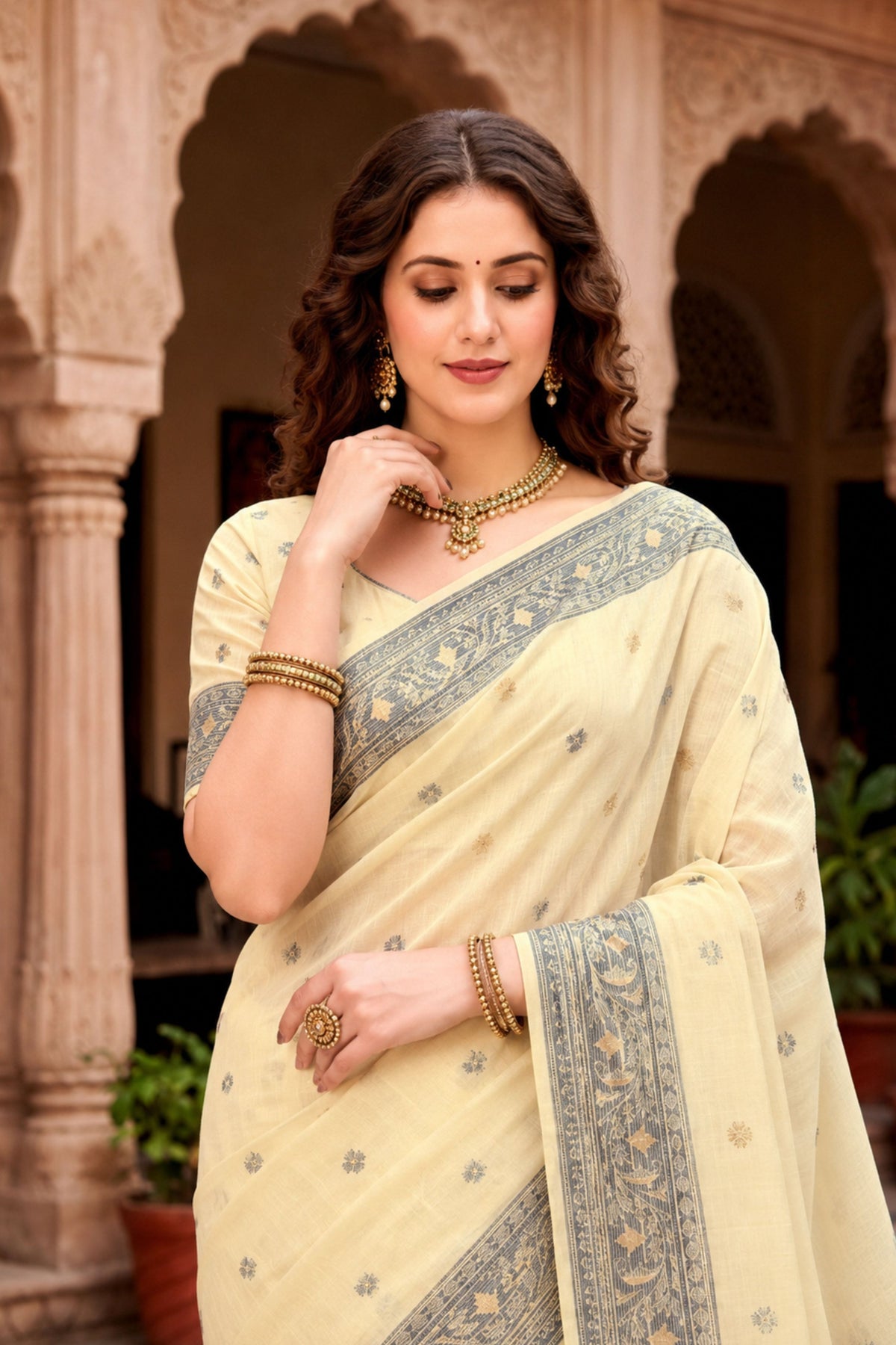 Sangam Prints Light Yellow Cotton Blend Woven Work Traditional Saree | Grocsy