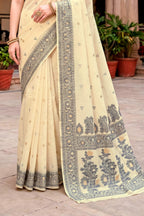 Sangam Prints Light Yellow Cotton Blend Woven Work Traditional Saree | Grocsy