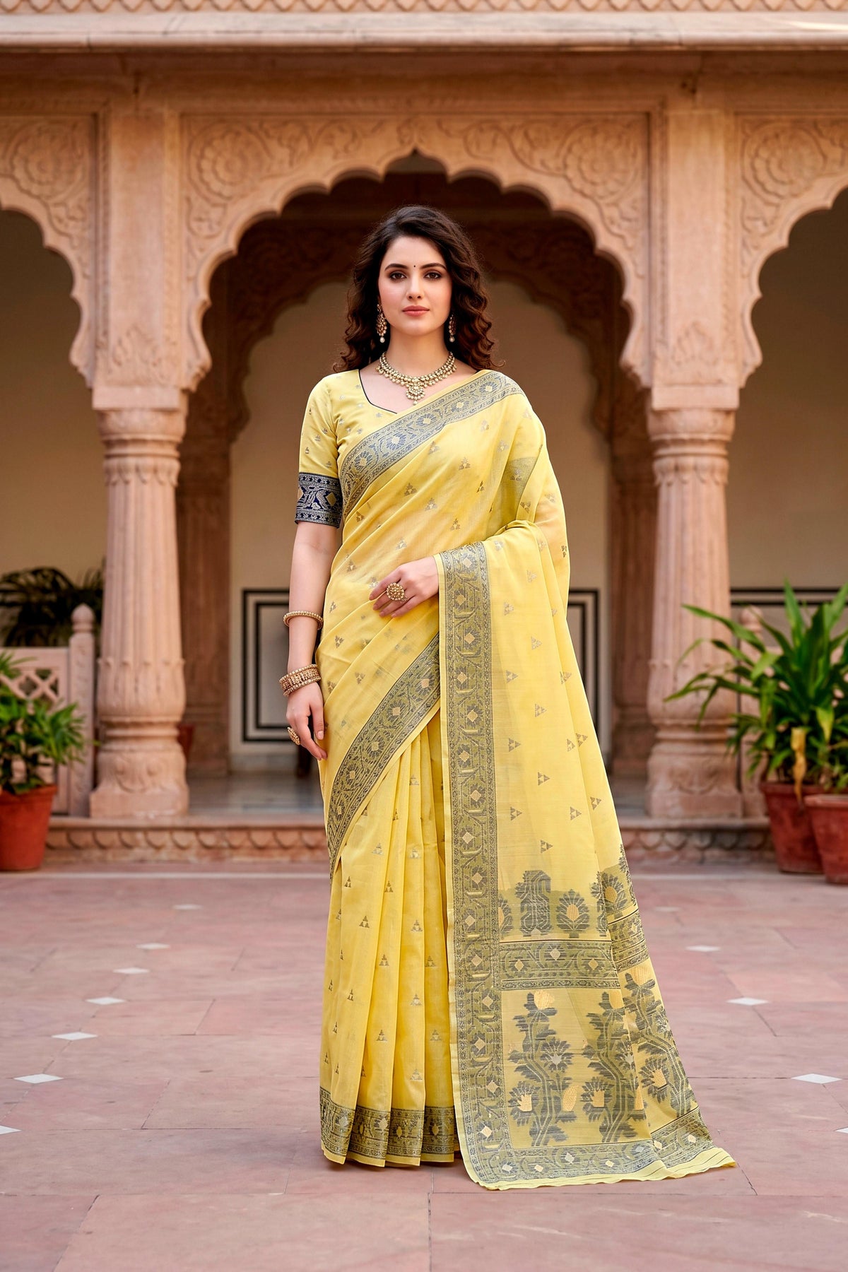 Sangam Prints Yellow Cotton Blend Woven Work Traditional Saree | Grocsy