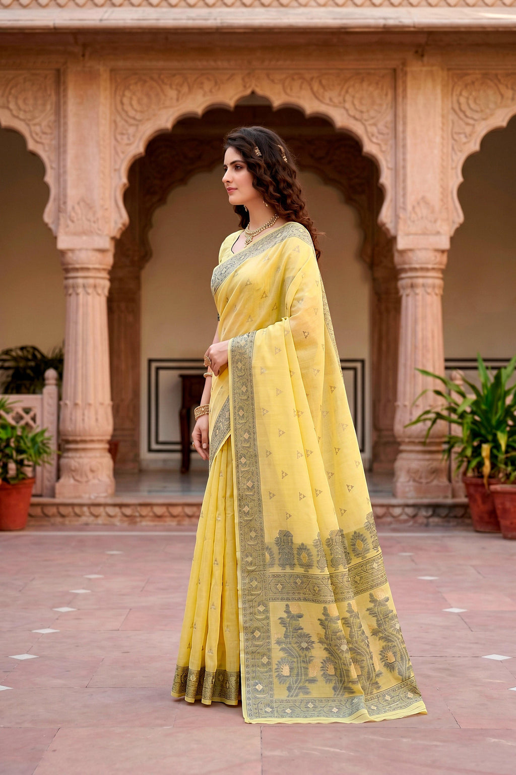 Sangam Prints Yellow Cotton Blend Woven Work Traditional Saree | Grocsy