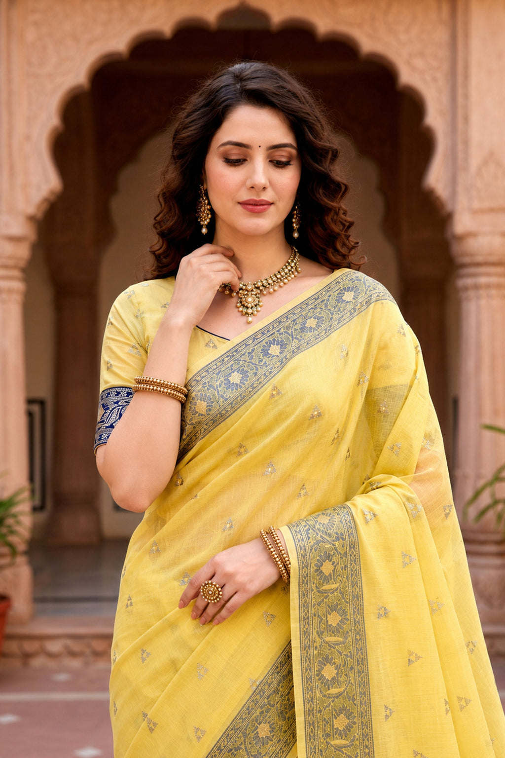 Sangam Prints Yellow Cotton Blend Woven Work Traditional Saree | Grocsy